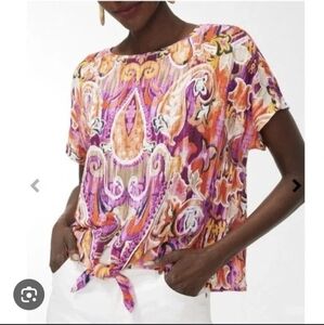 Chico's 100% Linen Tie Front Cropped Tee Ikat Paisley Print sz L Pink Orange